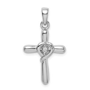 925 Sterling Silver Rhodium-plated White CZ Heart Cross Necklace Charm Pendant